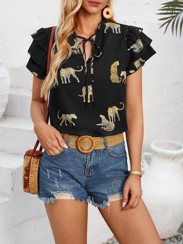 New casual summer V - neck printed ruffle sleeve top - Top